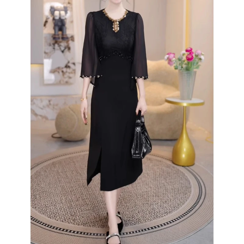 朵菲气质高端轻奢刺绣连衣裙2025春季新款优雅洋气修身减龄中长裙