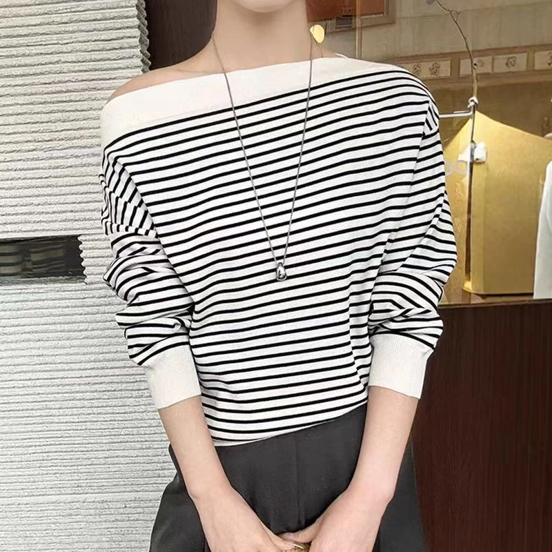 2025春装新款美式辣妹风一字肩软糯针织冰丝女长袖打底衫宽松上衣