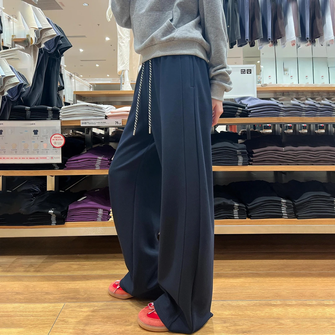 藏青色慵懒风弯刀裤女2025秋季新款胖mm高腰宽松显瘦运动休闲裤子