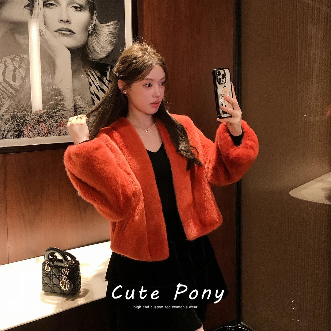 Cute Pony卢浮宫 进口天鹅绒貂皮大衣女整貂短款V领水貂皮草外套