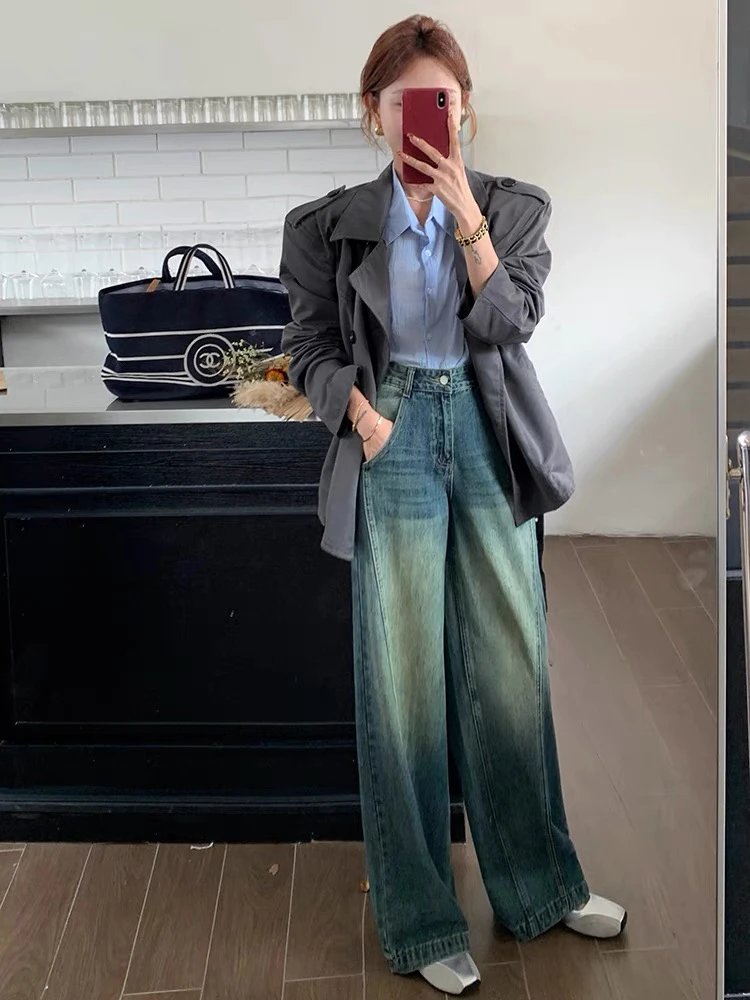 高品质复古水泥黄大阔腿牛仔裤