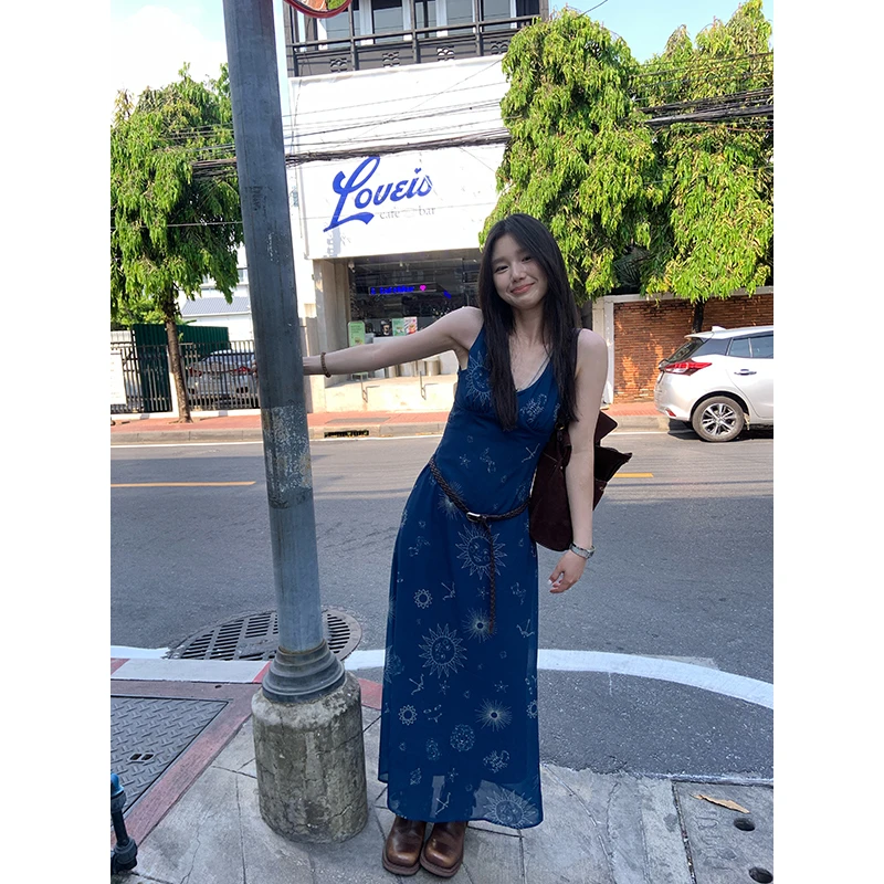 王少女的店【现】藏青色印花U领连衣裙夏季时尚休闲长裙 L31865S52