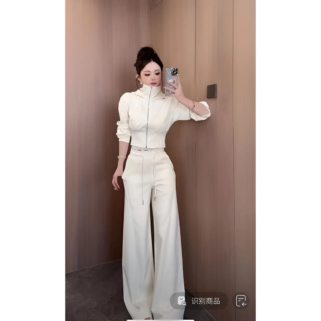 曼曼【懒人套装】运动休闲套装连帽短款外套阔腿长裤两件套