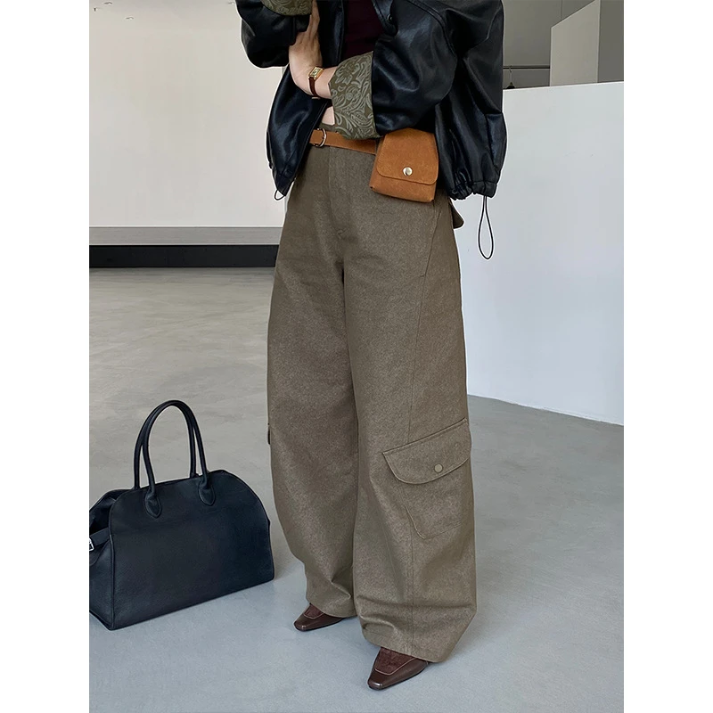 江左 工装裤复古女款大口袋弯刀阔腿裤秋休闲裤高腰长裤女装 6338