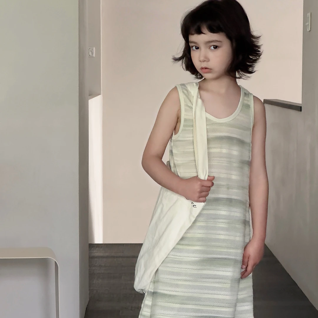 「幂姐童装.MJTX」【森系少女】绿白渐变条纹无袖背心裙女童文艺3133
