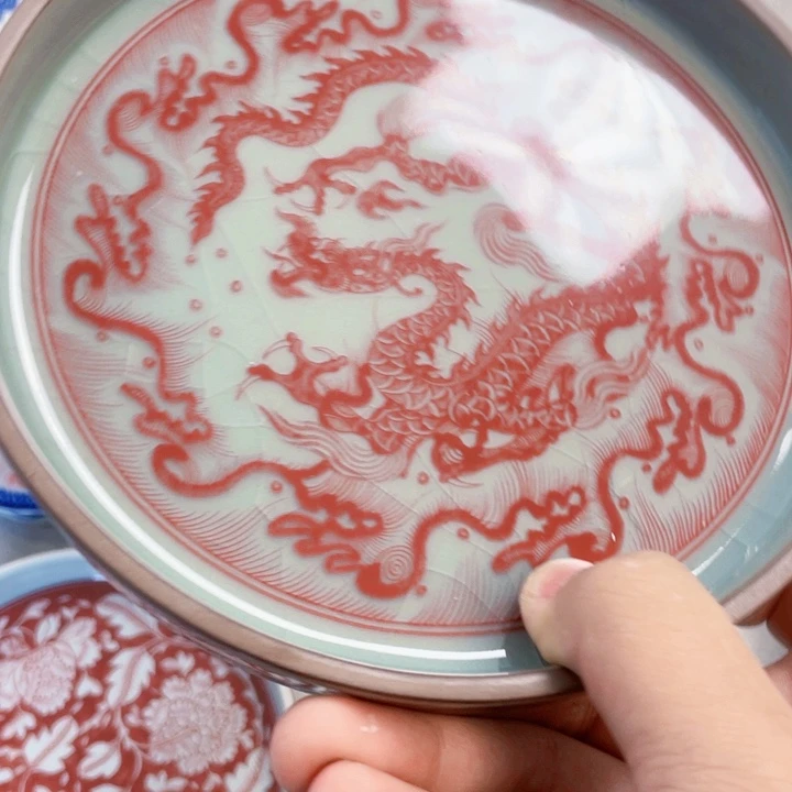 瓷片老陶泥釉里红腾龙四海壶承微瑕