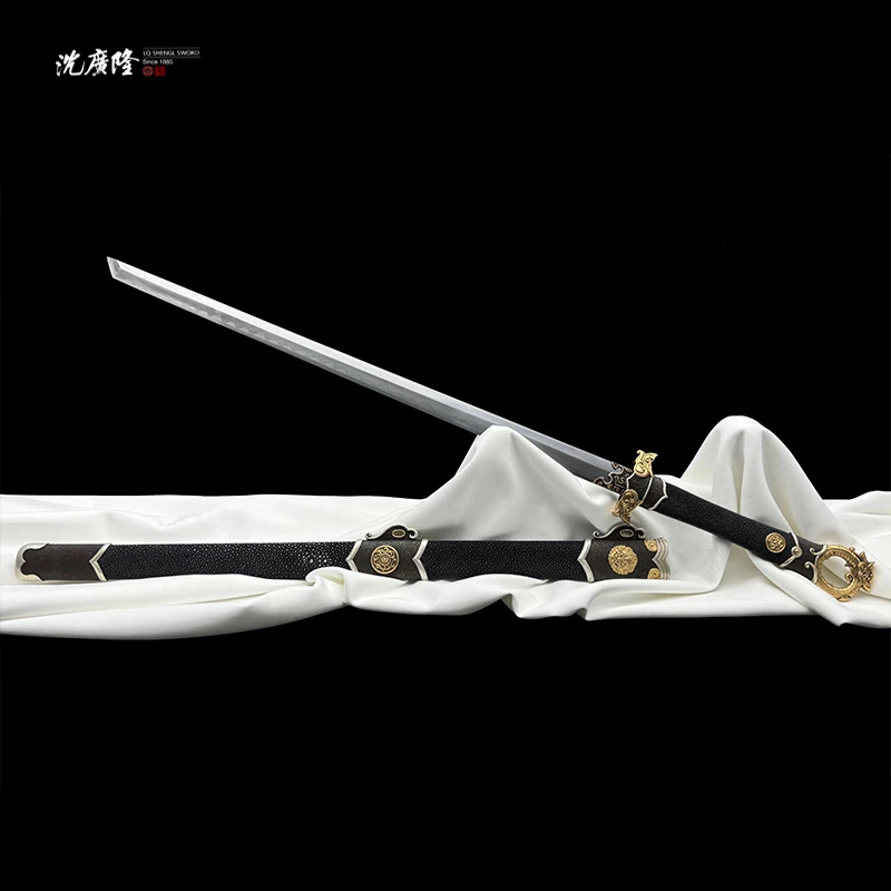 龙泉沈广隆-龙门环首刀 鱼皮 黄铜鎏金银 烧刃花纹钢 宝剑 未开刃