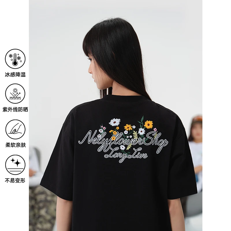 NELY小尼力国潮索罗娜凉感花卉刺绣短袖T恤男女宽松情侣半袖tee潮