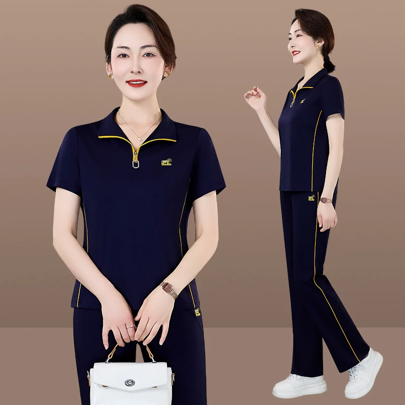 恩狐休闲运动套装女夏季新款时尚洋气妈妈装薄款夏装两件套