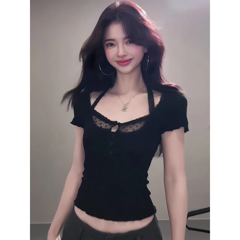 美式挂脖蕾丝拼接假两件女夏新款纯欲甜辣妹短款T恤修身低领上衣