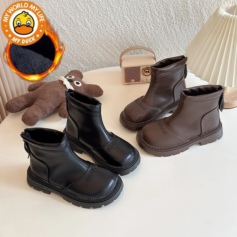 小黄鸭女童短靴2025冬季新款儿童加绒公主短靴黑色二棉洋气马丁靴