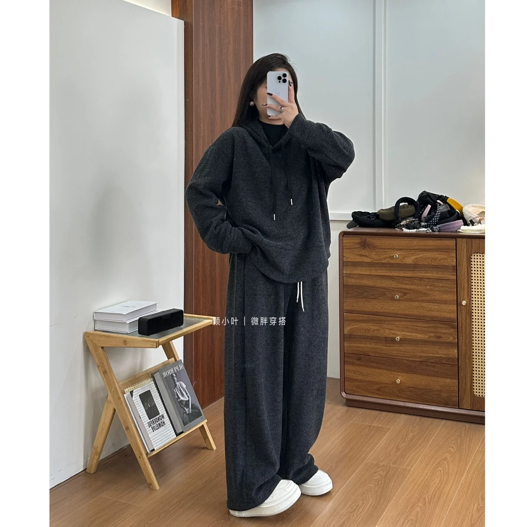 【一颗小叶】冬季大码高定加绒加厚慵懒风套装宽松休闲百搭