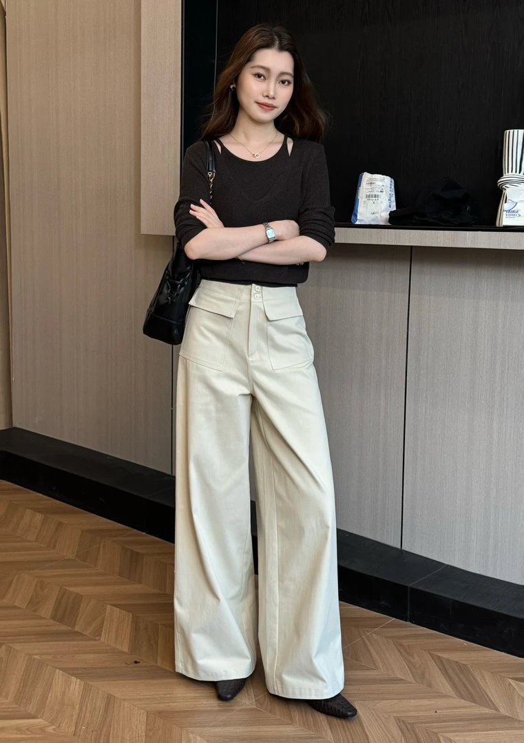 2025秋季新款韩系简约百搭显瘦口袋阔腿裤休闲裤女长裤