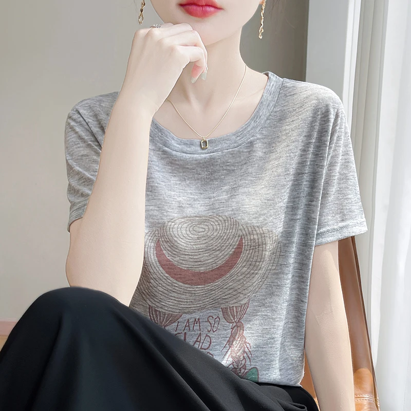2025新款短袖女 100%莱赛尔天丝T恤印花草帽女孩