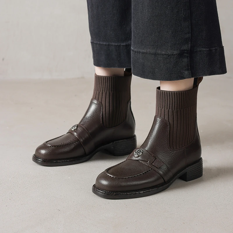 【NICESEE】3.5cm,秋冬新款百搭针织袜靴真皮显瘦粗跟短靴女马丁靴