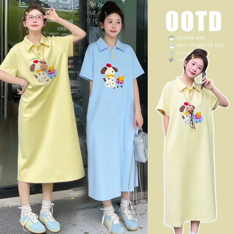 时髦孕妇装新款韩版宽松毛巾绣大码POLO领显瘦时尚休闲夏季连衣裙