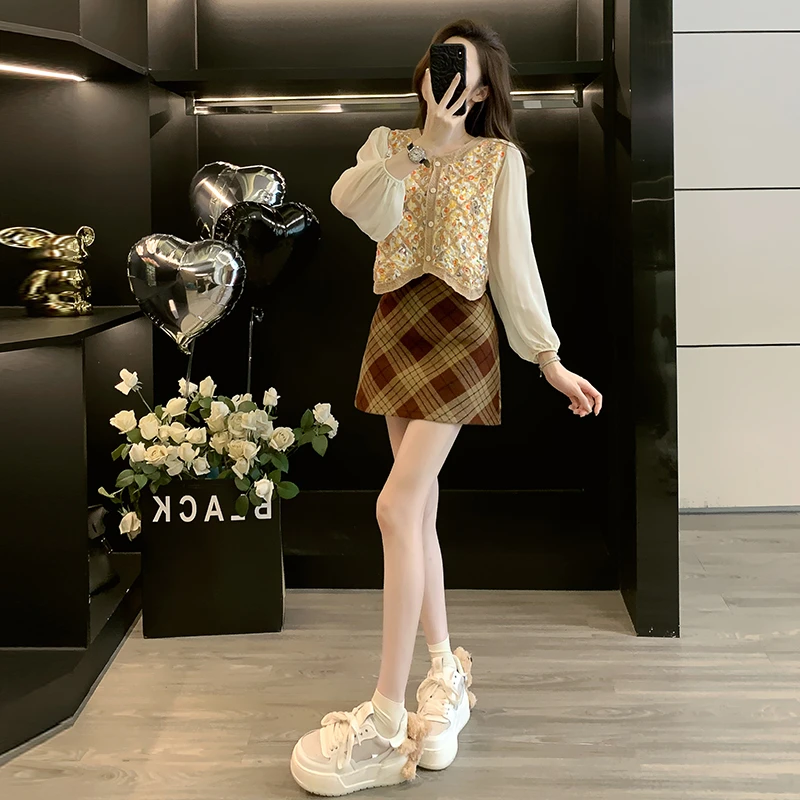 短款秋季雪纺泡泡袖拼接针织开衫美拉德复古加厚毛呢裙半身短裙子