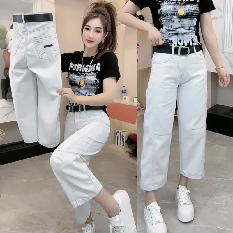 韩版秋季爆款月光灰水洗牛仔裤女高腰洋气百搭显瘦九分直筒弯刀裤