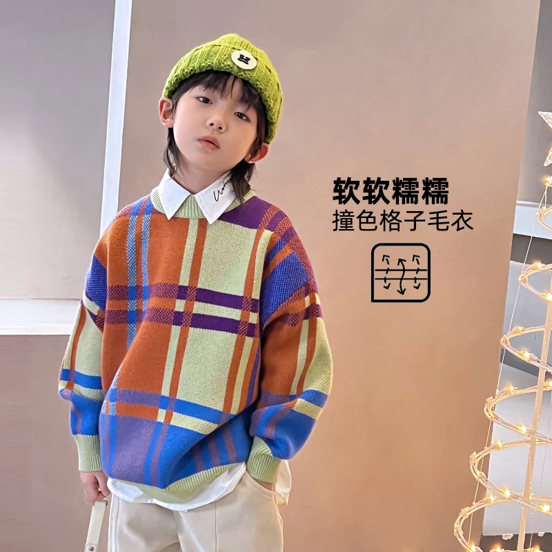 【艺术画廊】格子毛衣中大童加厚宝宝圆领毛线衫针织衫 4116235O8