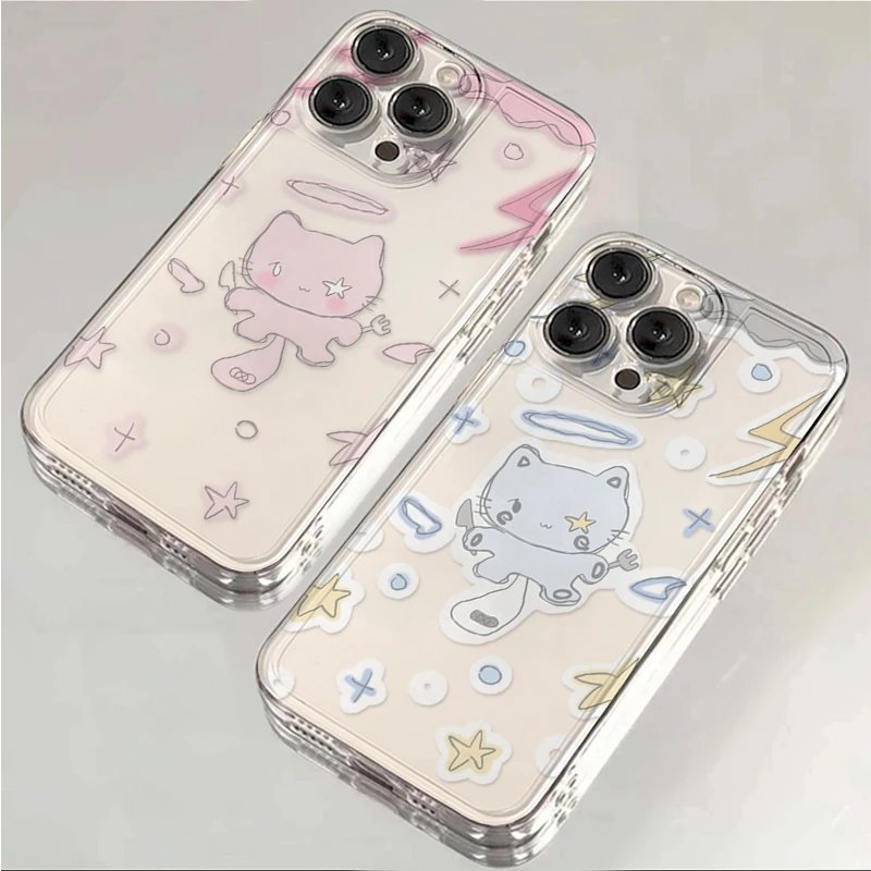 蓝粉天使小猫适用苹果16手机壳iPhone15情侣13promax卡通11可爱14
