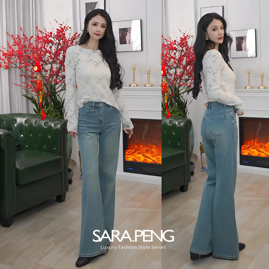 SARA.PENG牛仔神裤/高定蓝色高腰高弹直筒微喇裤时尚百搭牛仔裤