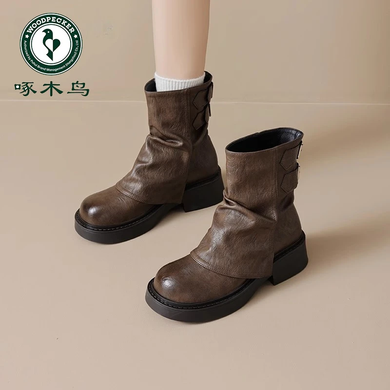 啄木鸟厚底短靴女秋冬裤管靴子2025新款春秋鞋子小皮鞋堆堆马丁靴