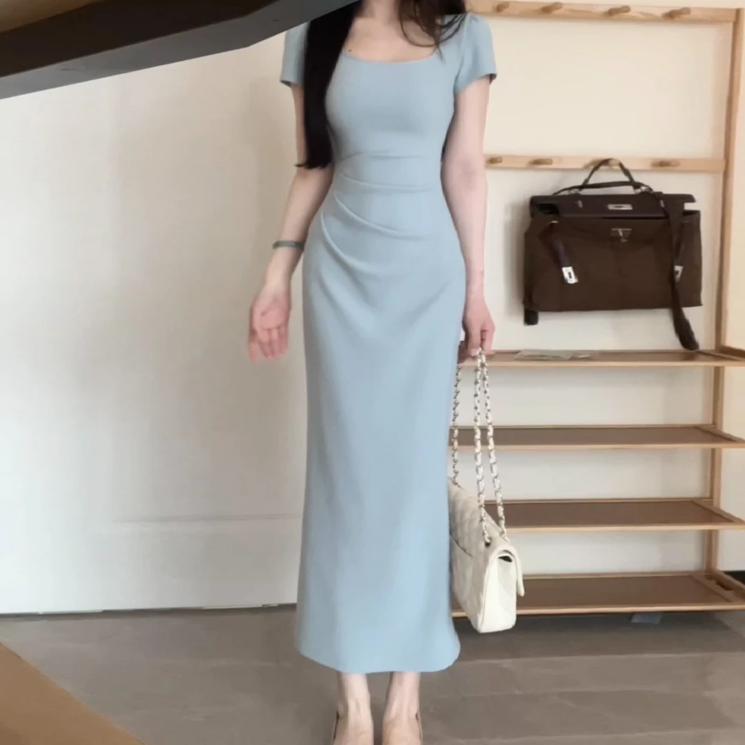 法式蓝色方领连衣裙子女夏季2026新款爆款气质高级感修身包臀长裙