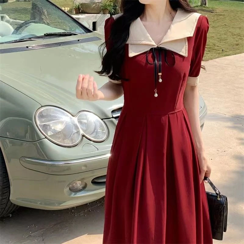 大码女装夏季双层海军领学院风长裙子胖mm收腰藏肉显瘦减龄连衣裙