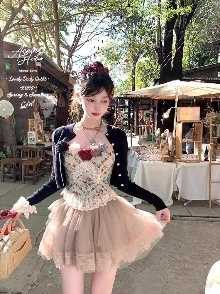 【巴洛克少女】法式碎花鱼骨抹胸吊带上衣高腰网纱半身裙女夏季套装