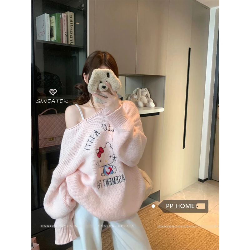 有点甜~章若楠同款kt粗针毛衣长袖刺绣毛针织衫套头宽松上衣女ins