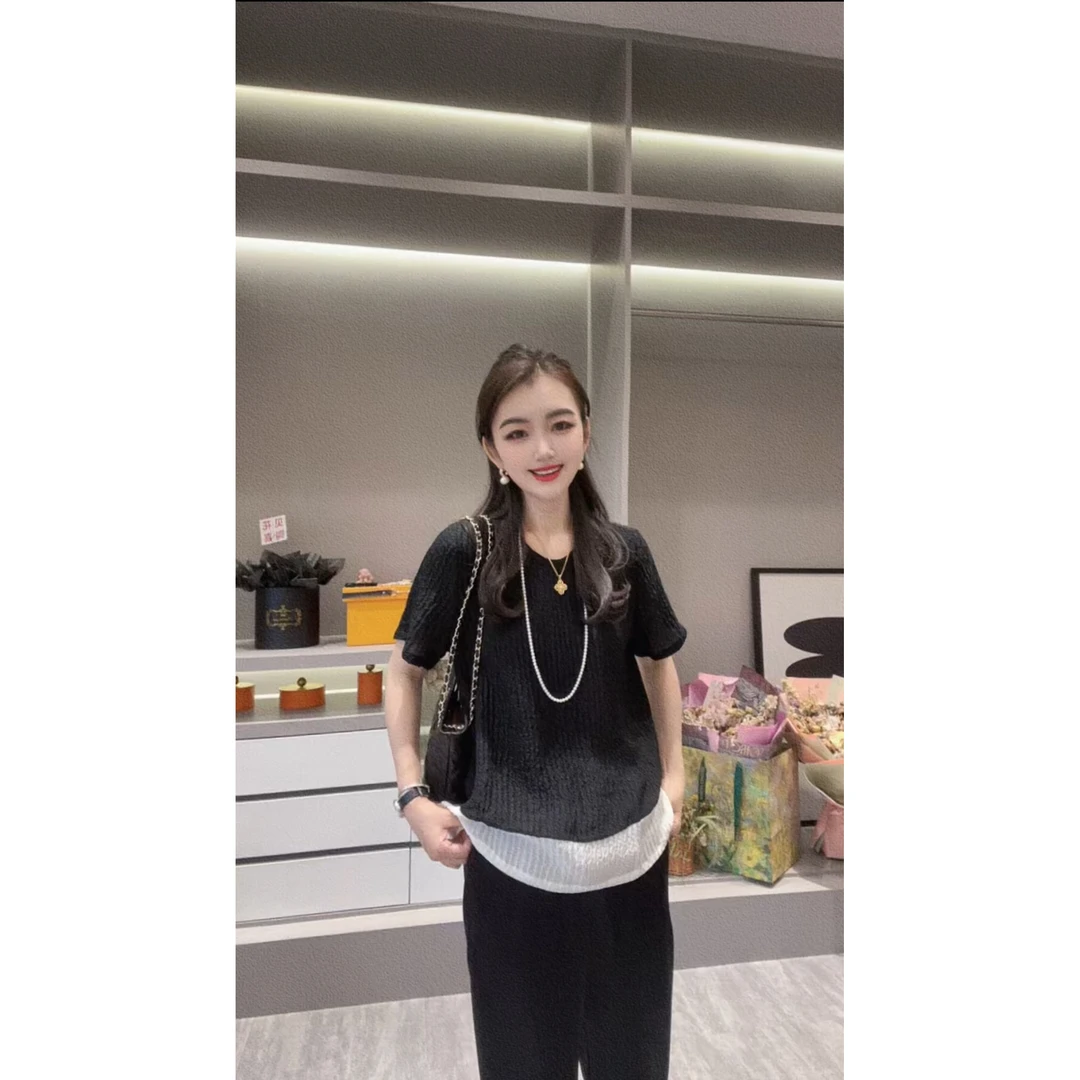 【褶皱下摆拼接】CHUN家时尚夏季经典百搭桑蚕丝T恤