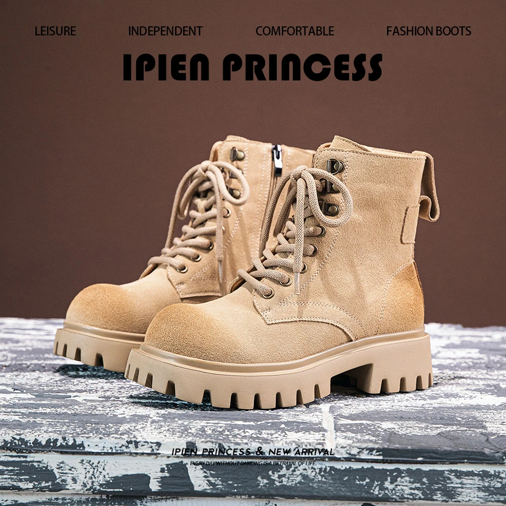 英伦风透气复古百搭增高工装靴女2025夏季新款时尚短靴厚底马丁靴