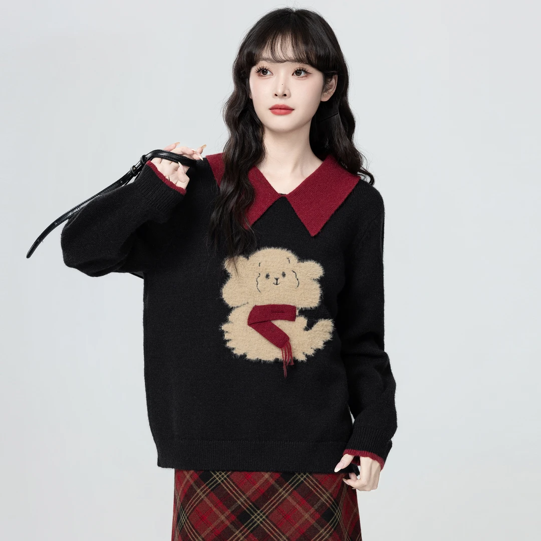 黑色POLO领毛衣女春秋2025秋季新款设计感撞色翻领针织衫套头上衣