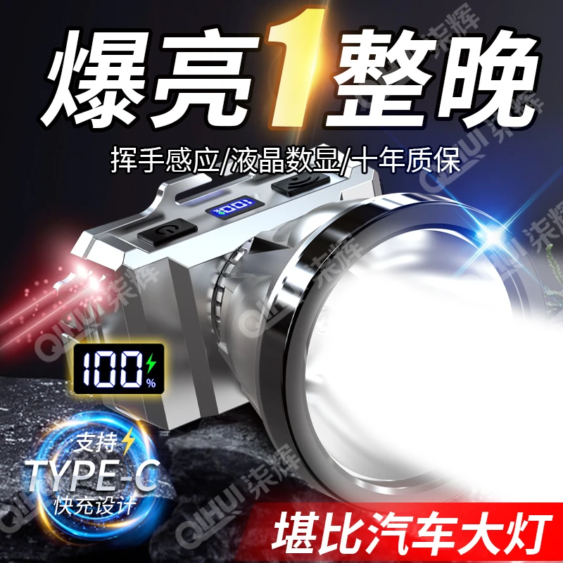 【2024爆款激光】LED强光头灯超亮手电筒充电户外感应远射疝气矿灯