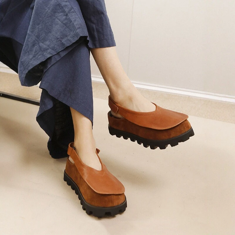 复古真皮厚底单鞋女2025春夏季新款增高松糕底软底包头两穿凉鞋