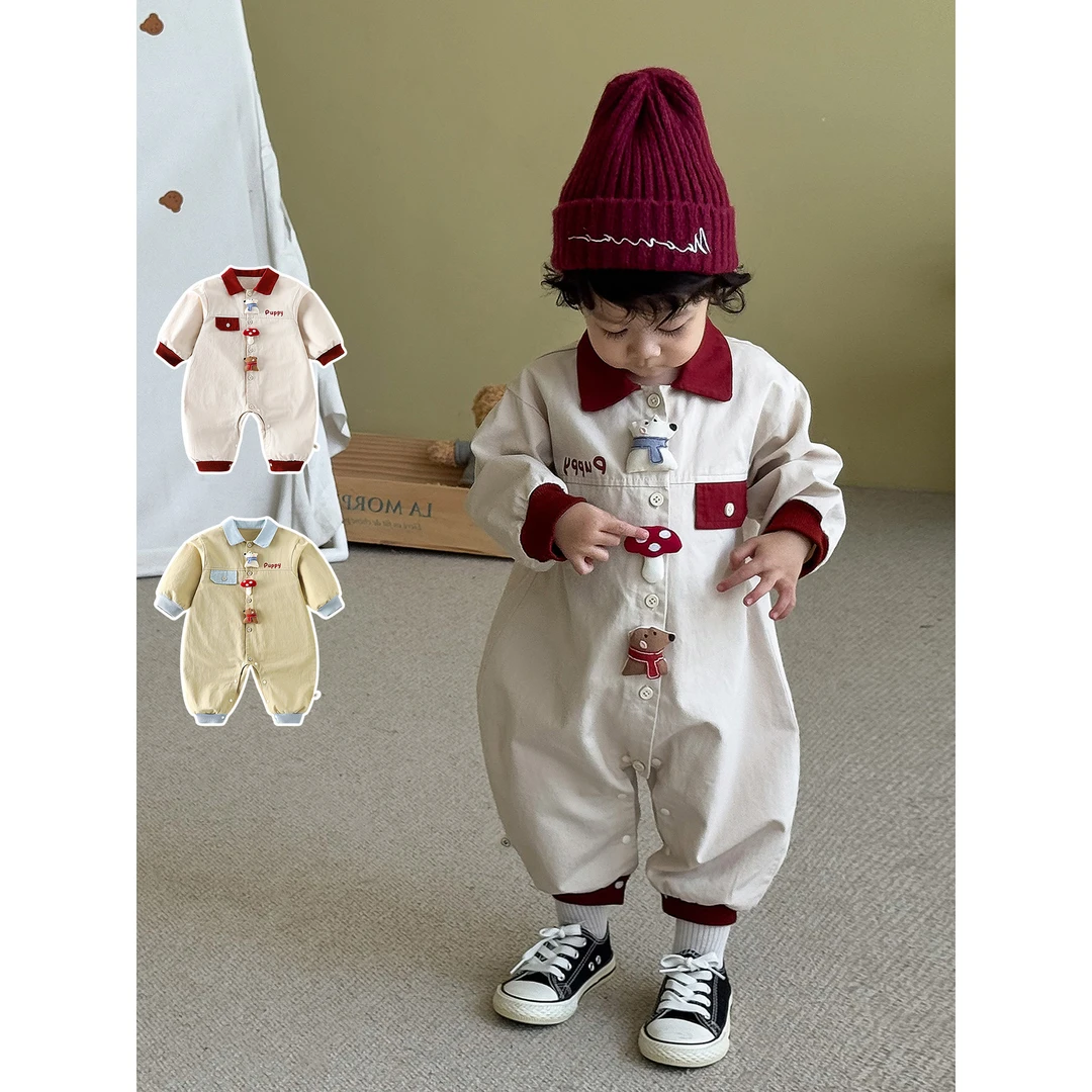 婴儿工装连体衣2025新款秋季宝宝立体玩偶爬服时尚韩版撞色哈衣潮