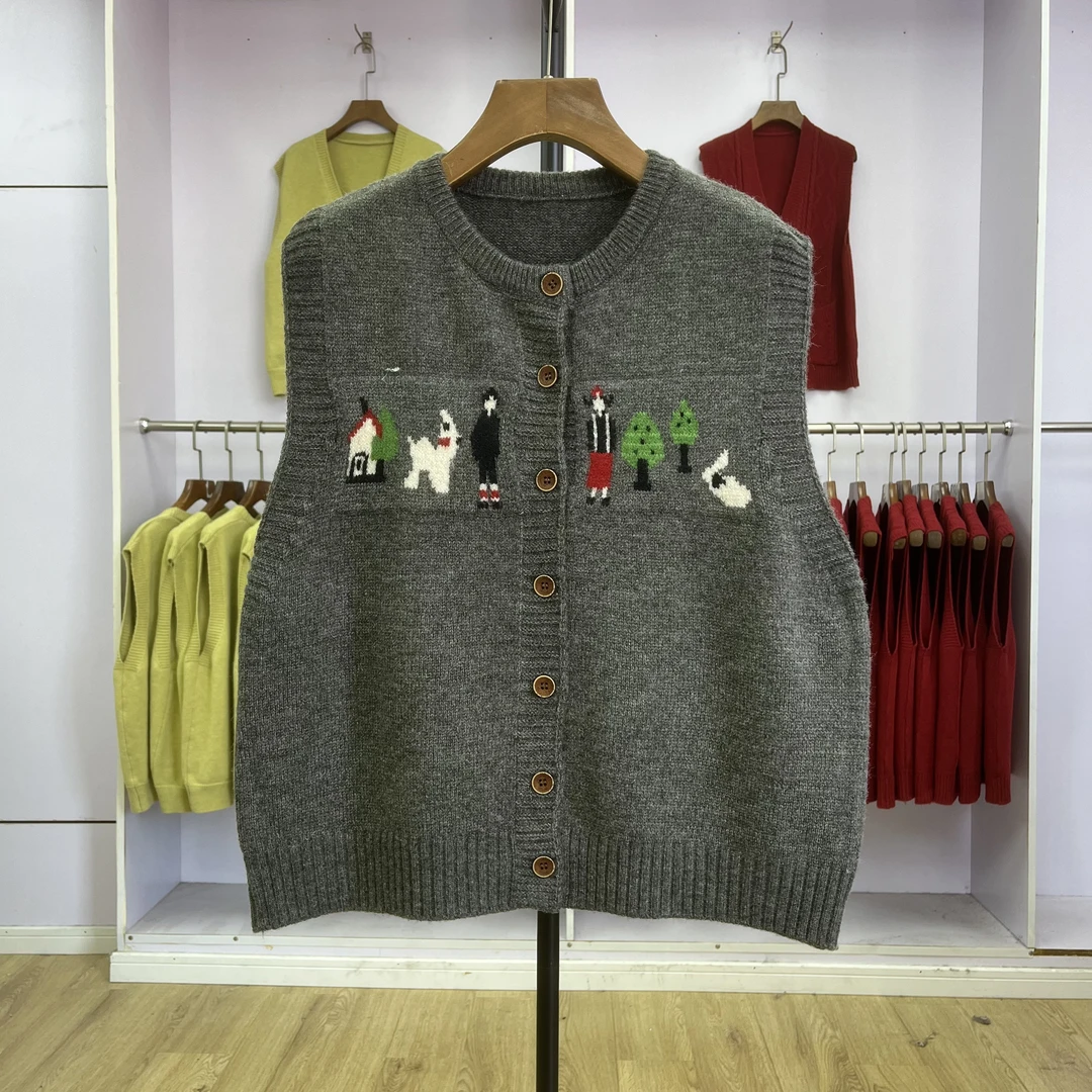 433秋冬女士简约气质圆领马甲刺绣休闲女装针织马甲女背心学生女