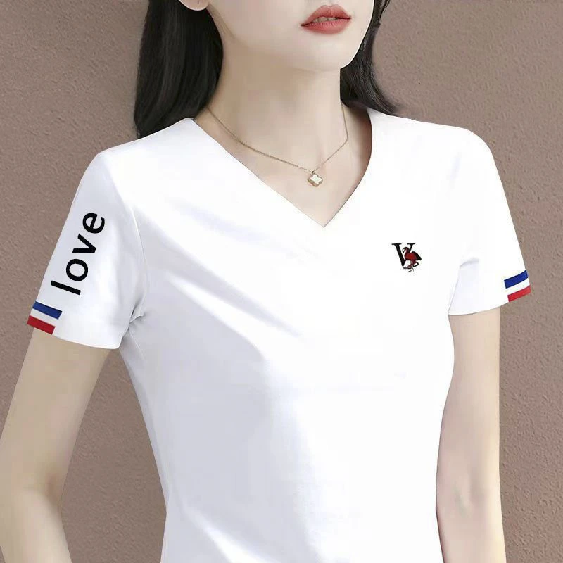 夏季新款薄款印花小罗纹V领短袖纯棉休闲女士T恤显瘦白色洋气时尚