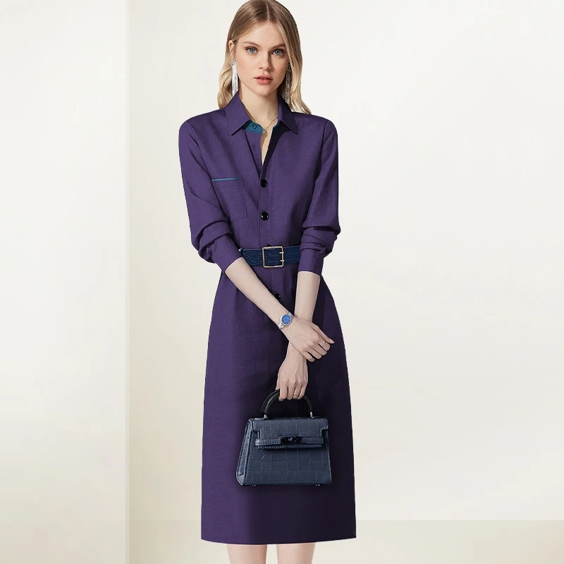 紫色翻领收腰连衣裙女2025年秋冬新款法式设计感气质百搭显瘦裙子