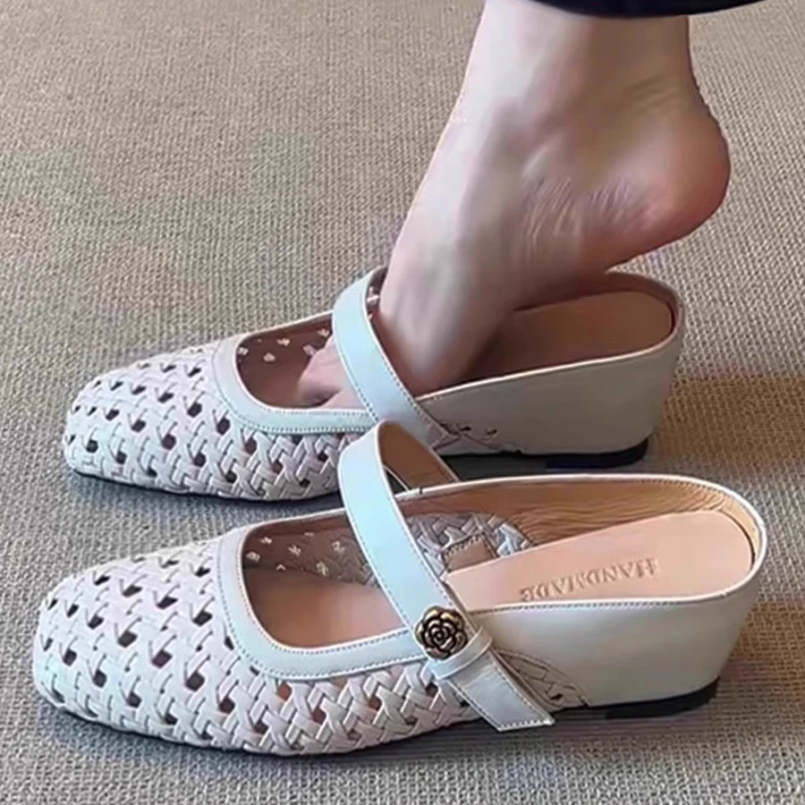 羊皮版~法式复古风镂空编织包头半拖鞋女新款内增高外穿穆勒凉鞋