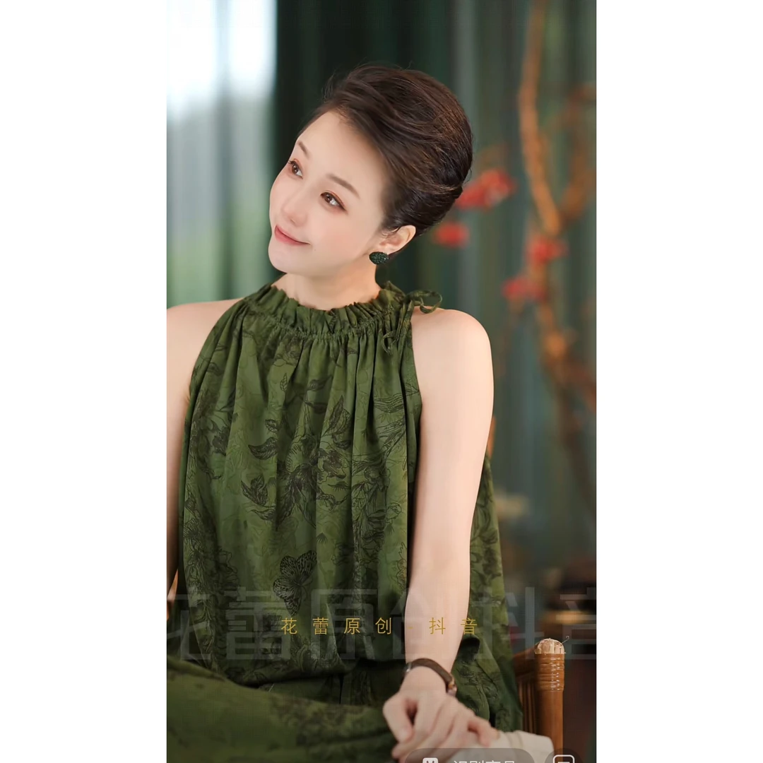 {花蕾原创}原创设计夏季宽松休闲无袖国风印花抽褶长裤无袖套装