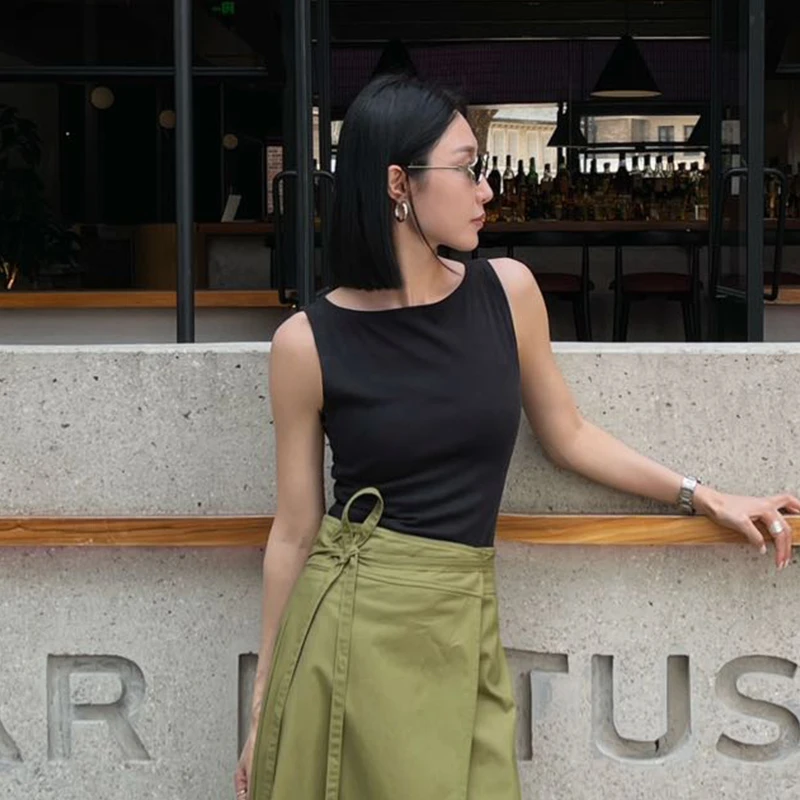 PURITY YH小众简约黑色一字领时尚无袖背心修身气质百搭上衣女