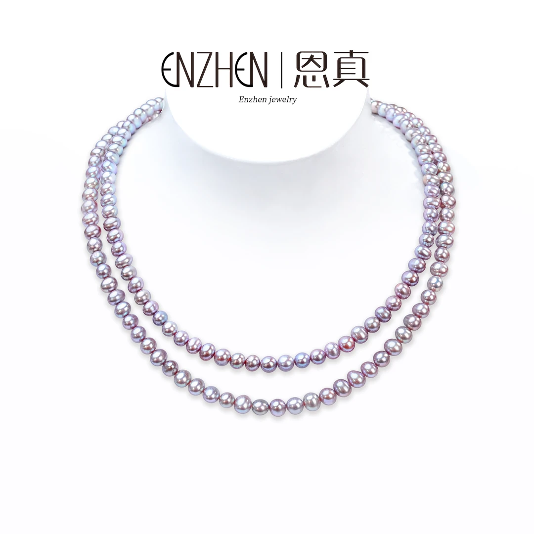 淡水紫色珍珠S925银元宝扣项链5-6mm多样性发1