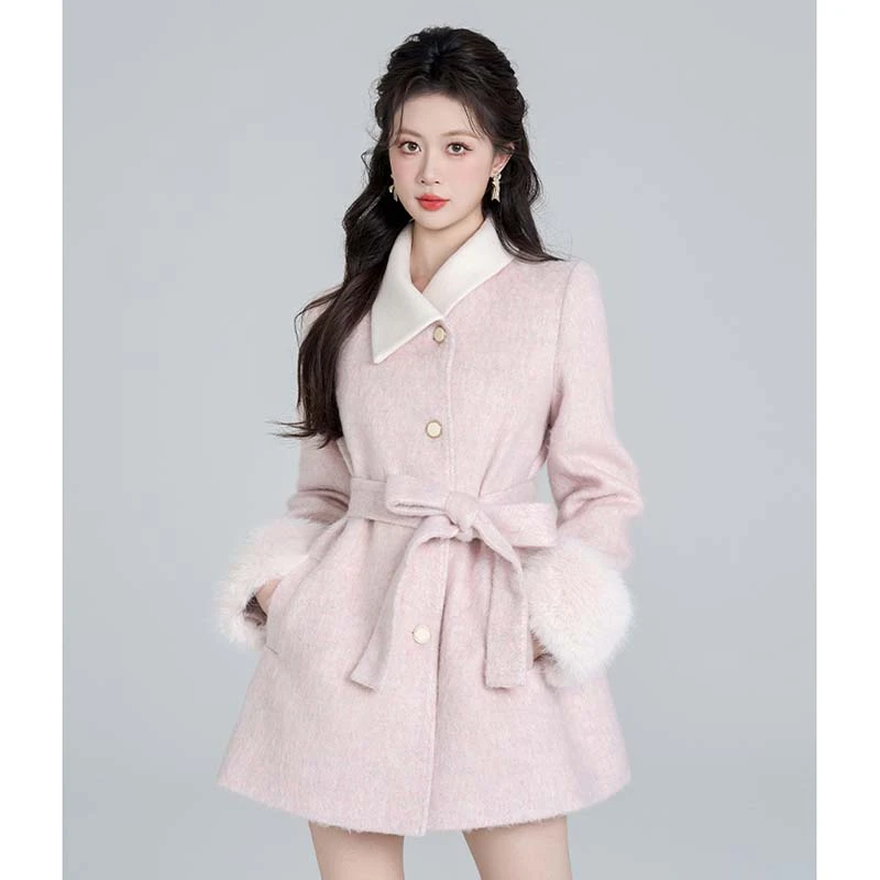 【有里布】【送腰带】毛呢外套女冬季气质法式小香风呢子大衣D4015