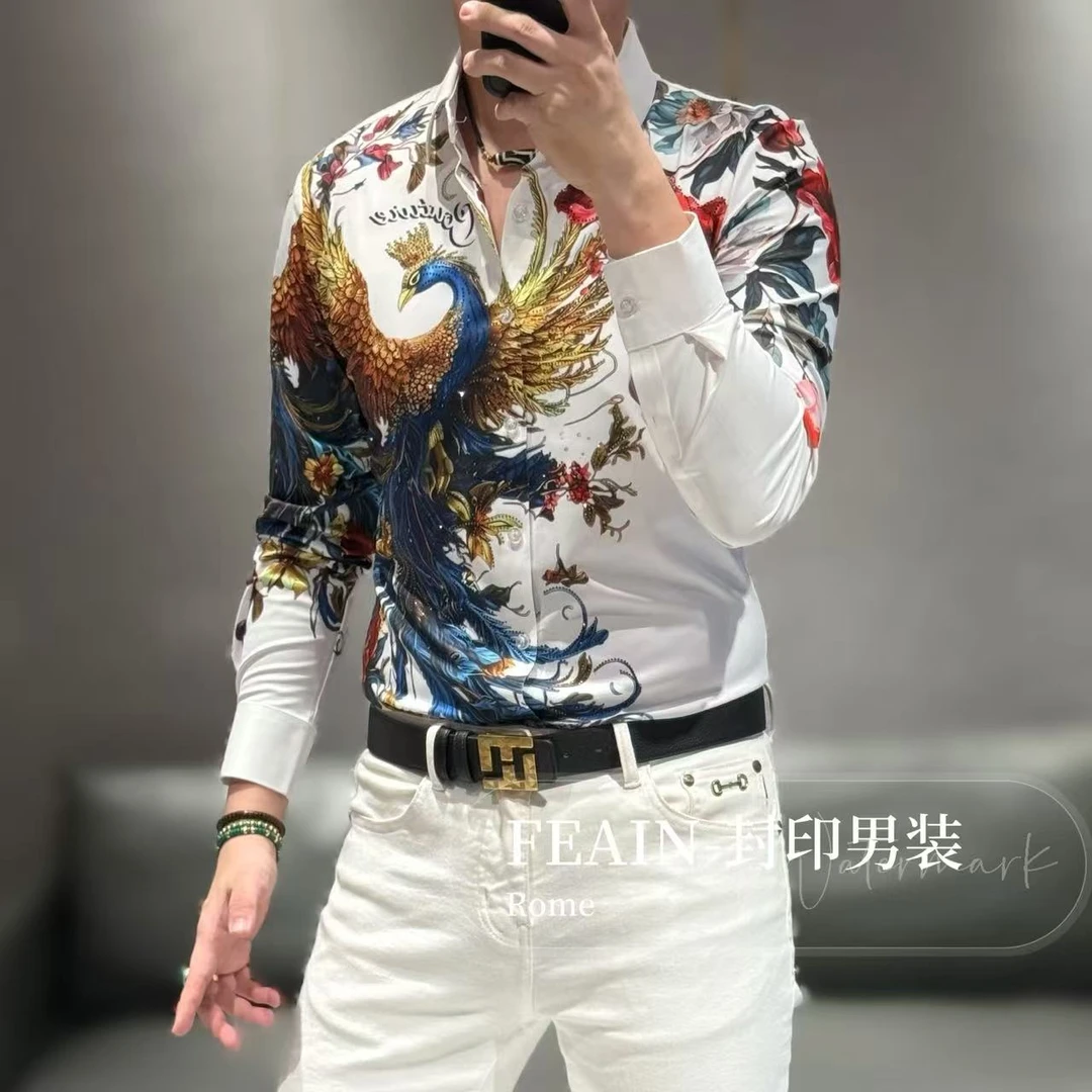 高端男士定制弹力莱卡凤凰涅槃奥钻点缀长袖衬衫2520