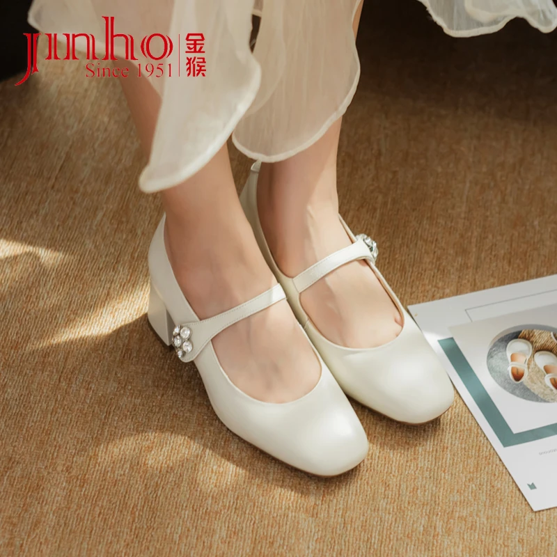 Jinho/金猴复古方头鞋樱桃甜心法式玛丽珍鞋粗跟浅口鞋女Q59161A