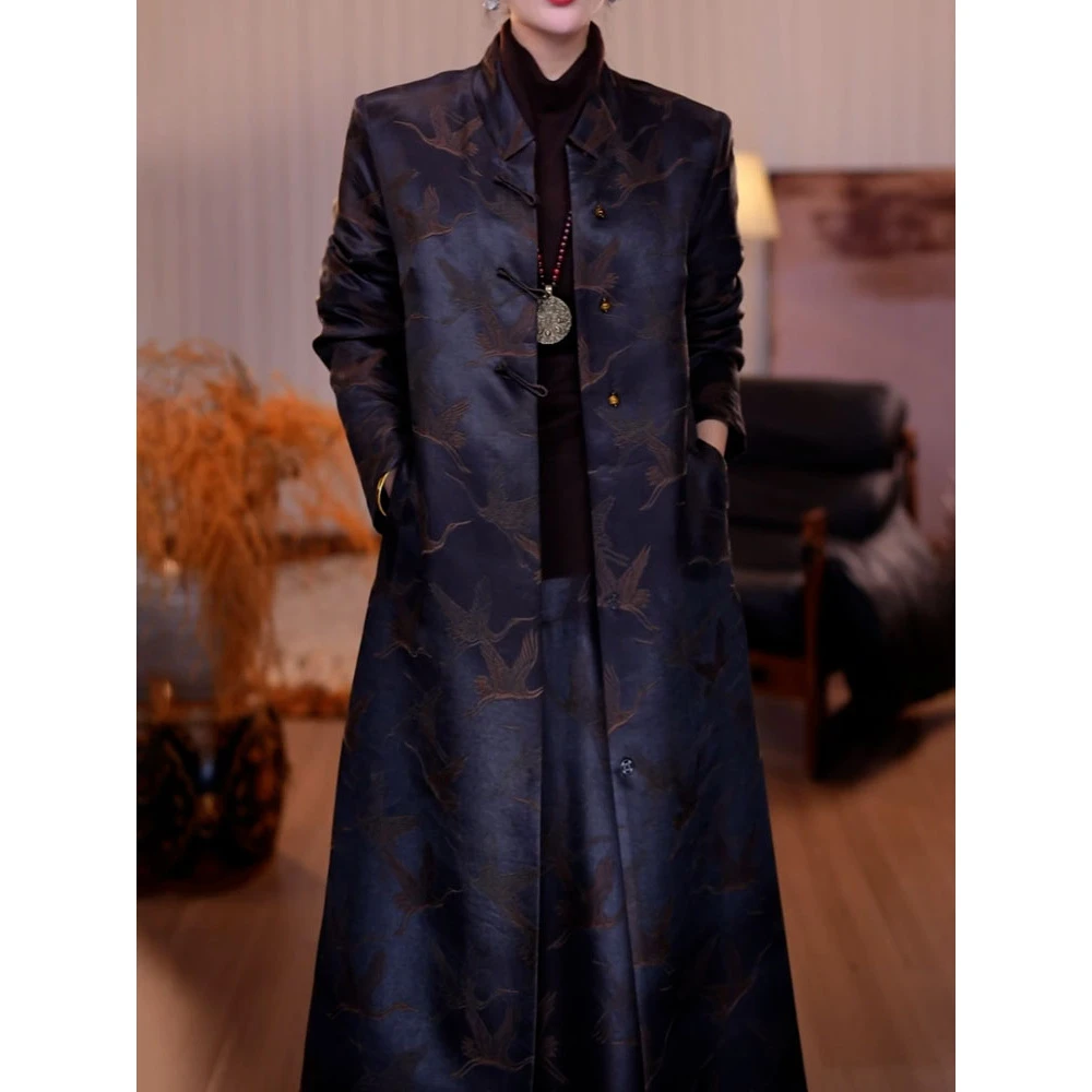 高级感洋气轻奢百搭中长款外套上衣2025秋季新款别致印花过膝风衣