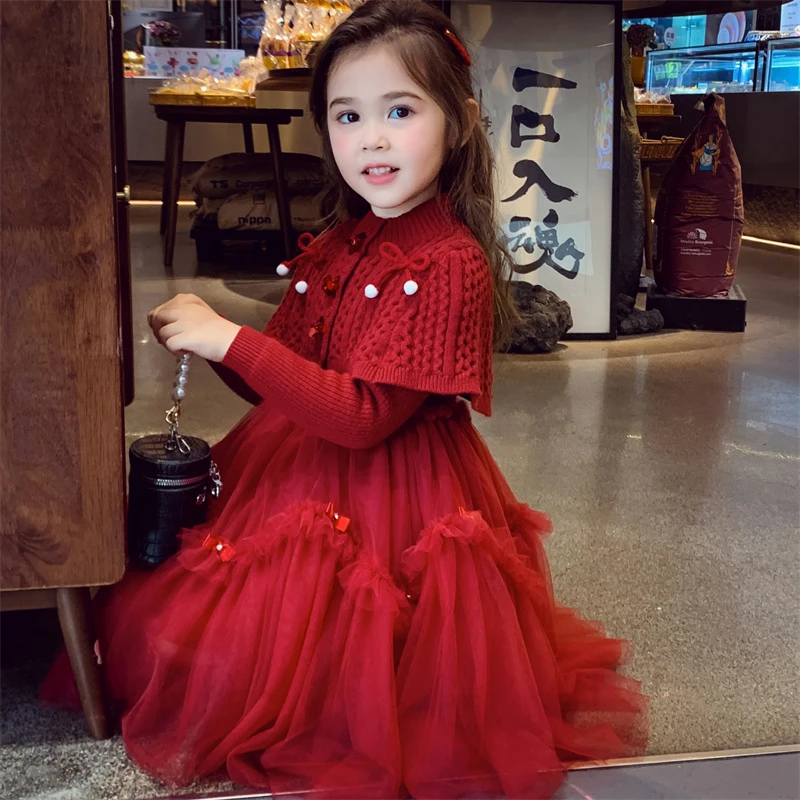 米米哈罗【伯爵千金】女童套装连衣裙+披肩公主裙拜年服 D250124
