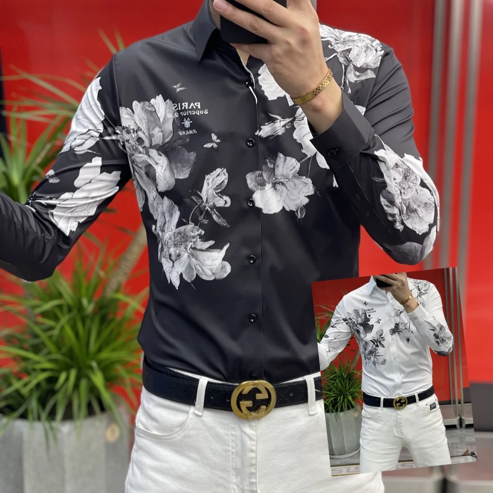 男士春季衬衫2025新款花卉百搭潮流烫钻长袖高端休闲印花商务上衣
