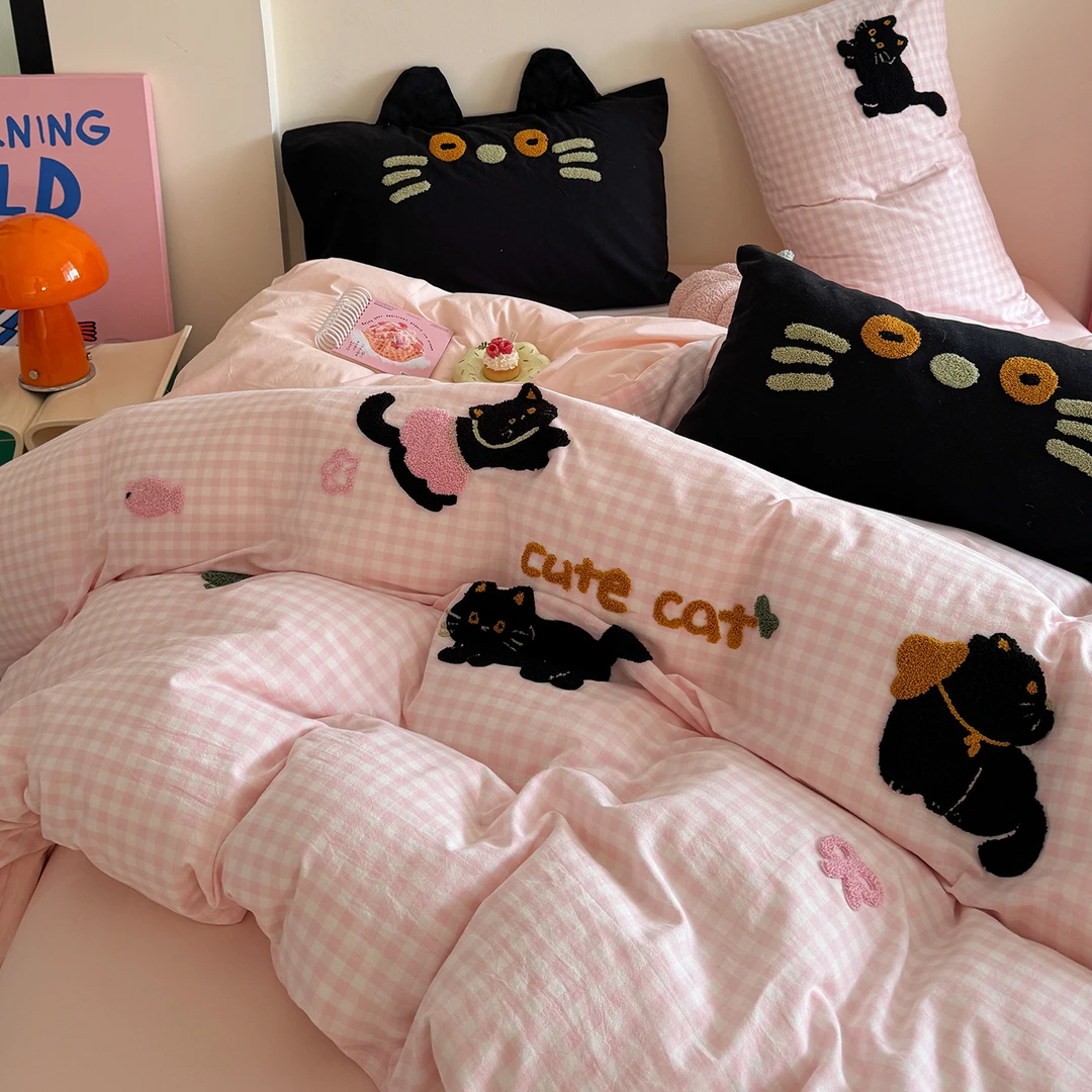 可爱卡通猫咪毛巾绣纯棉水洗棉四件套被套床单宿舍床上用品三件套